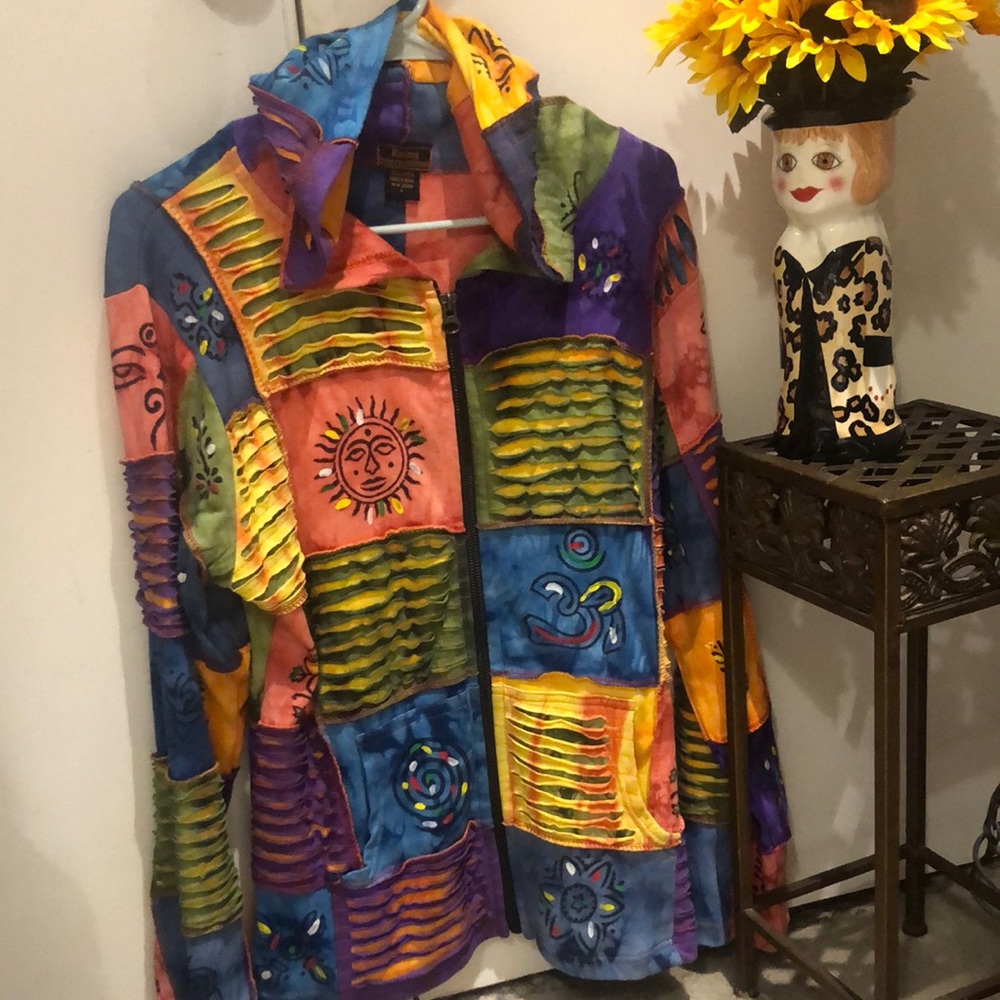 Groovy, colorful hoodie Beautiful colors Full length zipper with a hood.Size L.